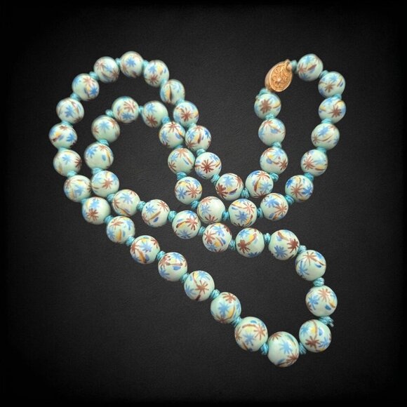 Vintage Chinese Export Hand Painted Knotted Blue Round Porcelain Bead Necklace - Picture 1 of 10